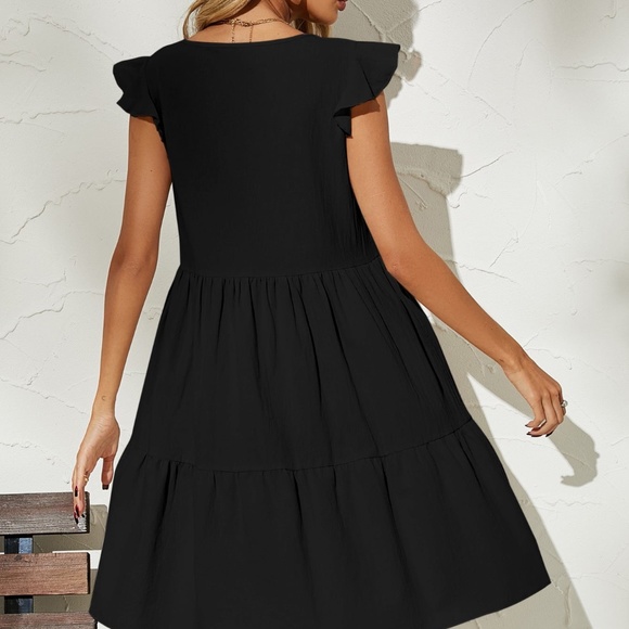 Boho Black Ruffle Sleeve Smock V neck Mini Dress - Picture 2 of 3
